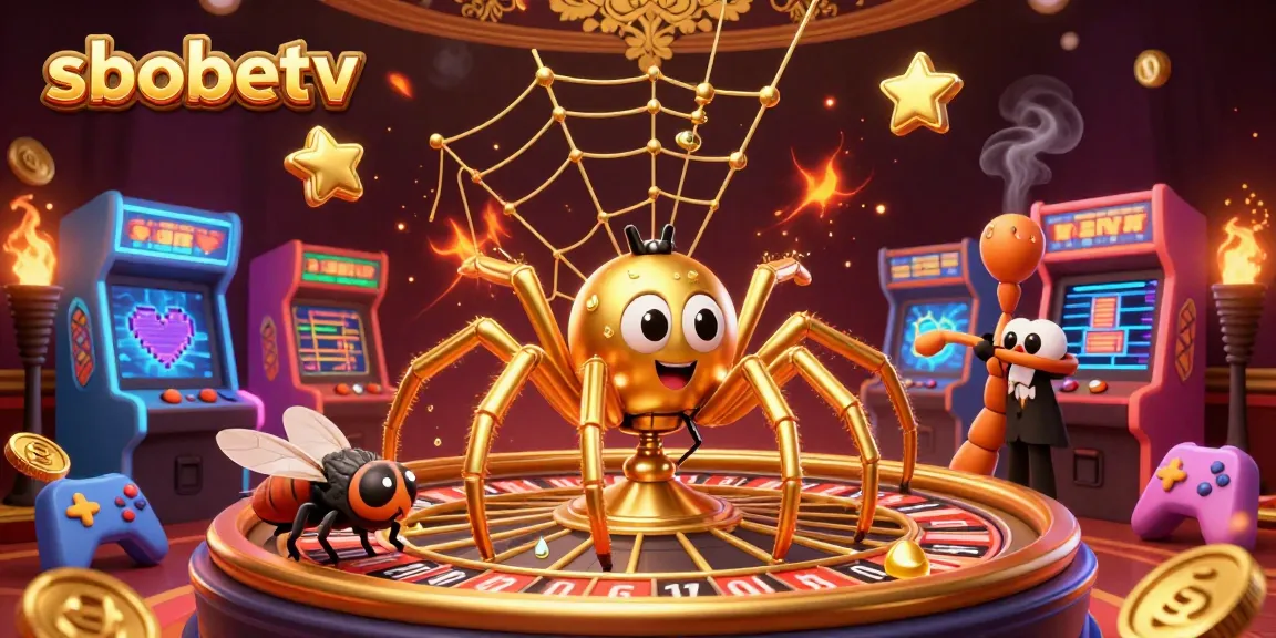 Simplified betting scene on sbobetv featuring a golden spider roulette and a nervous fly.