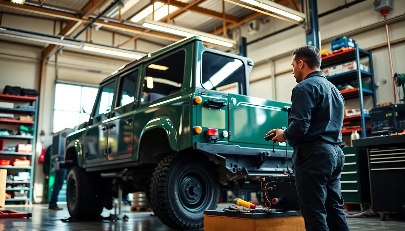 Expert Land Rover Service showcasing mechanics at work in a well-equipped garage.