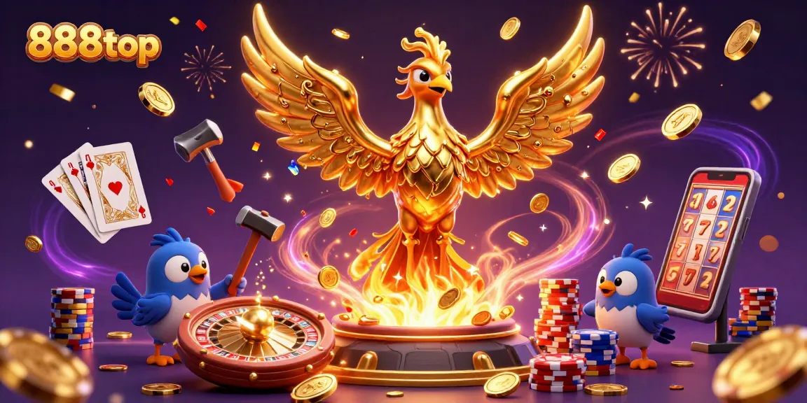 Experience thrilling wins with 888top in an ultra-detailed 3D casino scene featuring golden treasures and exciting games.