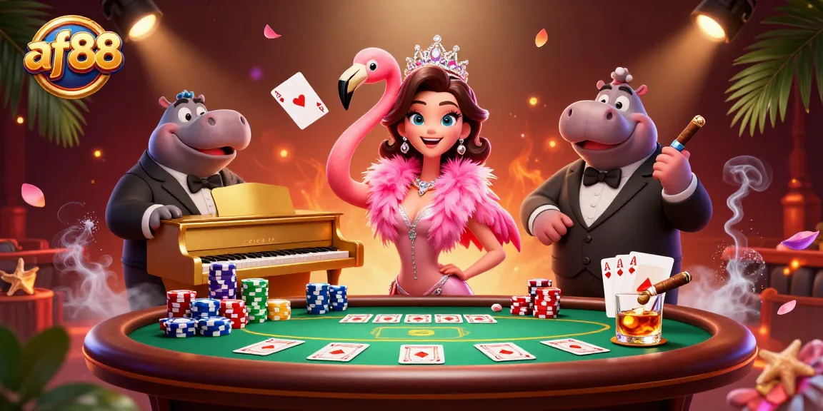 Experience the excitement of af88 with a vibrant 3D casino scene featuring colorful poker elements.
