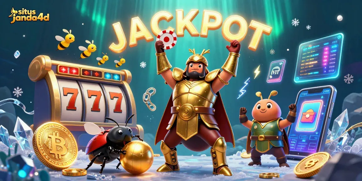 Meraih jackpot di situs janda4d dengan pemandangan berlatar belakang kasino, pemenang beetle triumphant