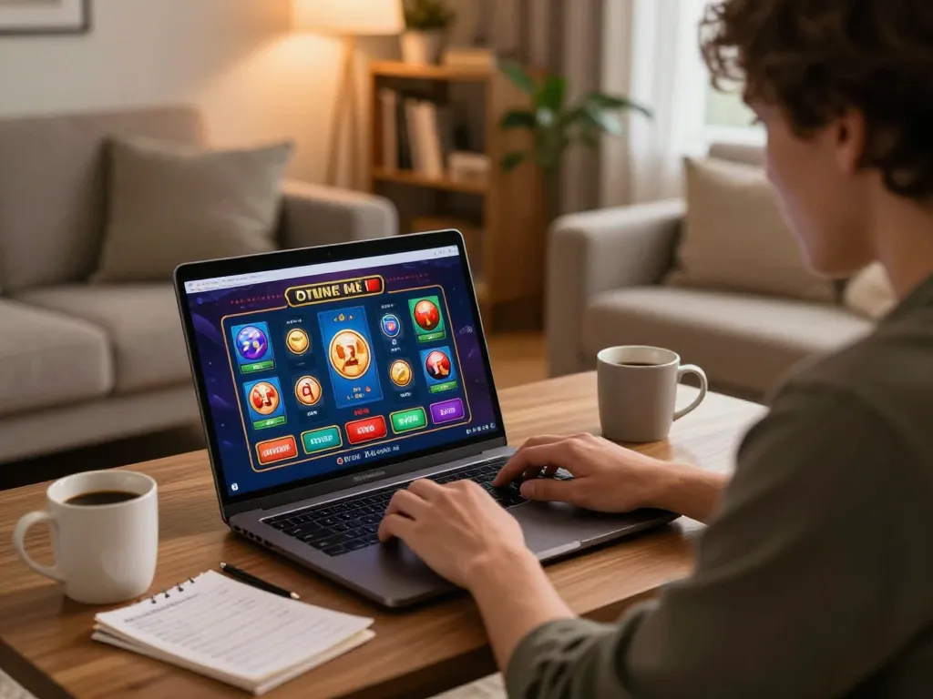 Engaging in online gambling at home with NHÀ CÁI AE888, showcasing laptop interface and cozy setting.