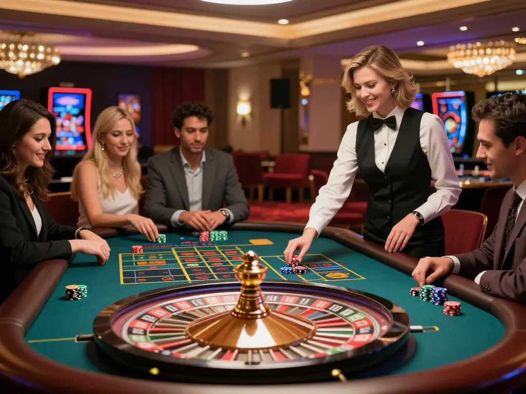 Players placing bets on roulette at fly88 casino, vibrant lights enhancing the thrilling atmosphere.