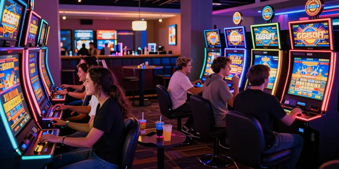 Exciting scene of friends playing GGSoft slot machines in a vibrant gaming lounge.