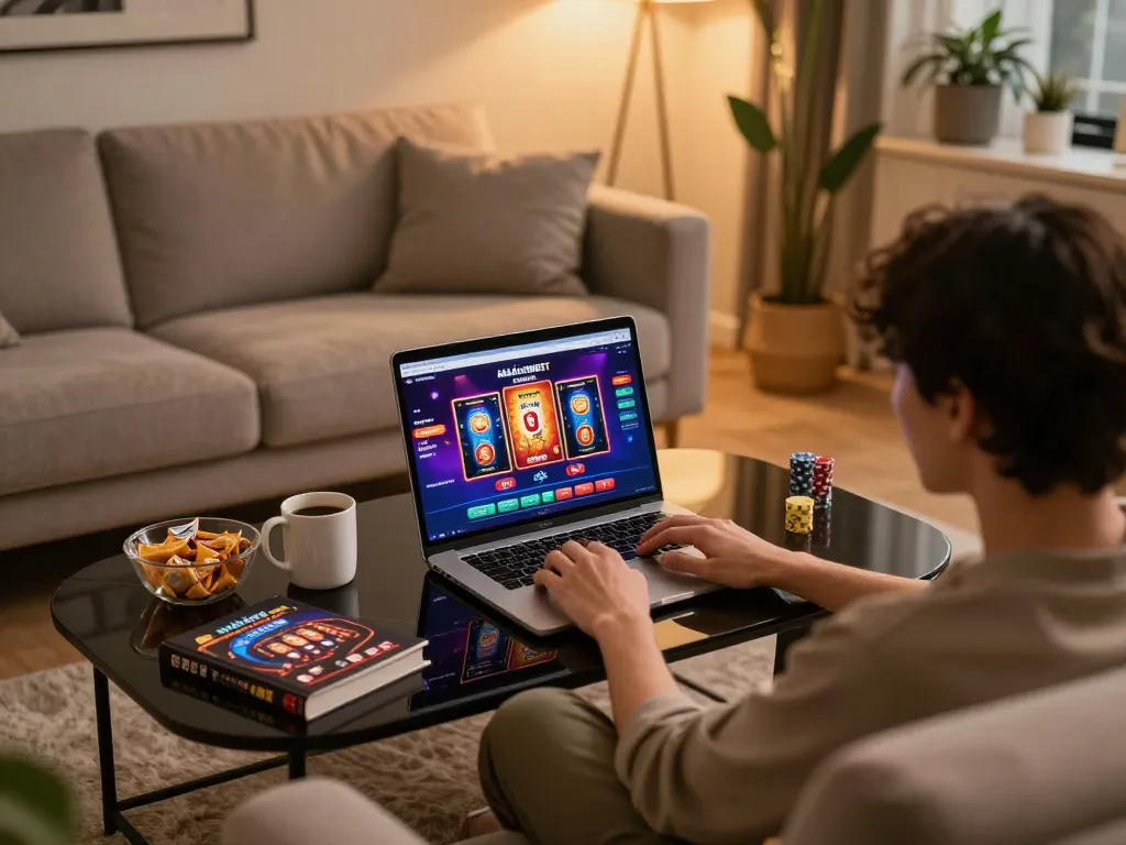 Engaging in online gaming with nhà cái SHBET at home, showcasing a user-friendly interface and cozy setup