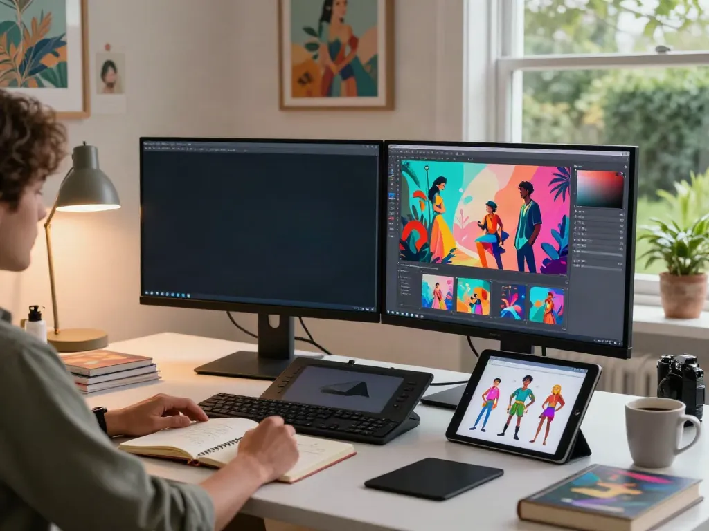 AI art and video creation workspace featuring typeshutter.com designer at dual monitors.