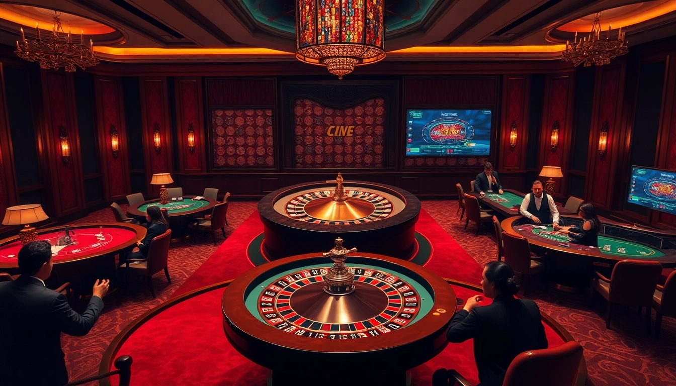 Gameplay excitant dans un cadre luxueux de casino en ligne Français avec roulette et jetons de poker.