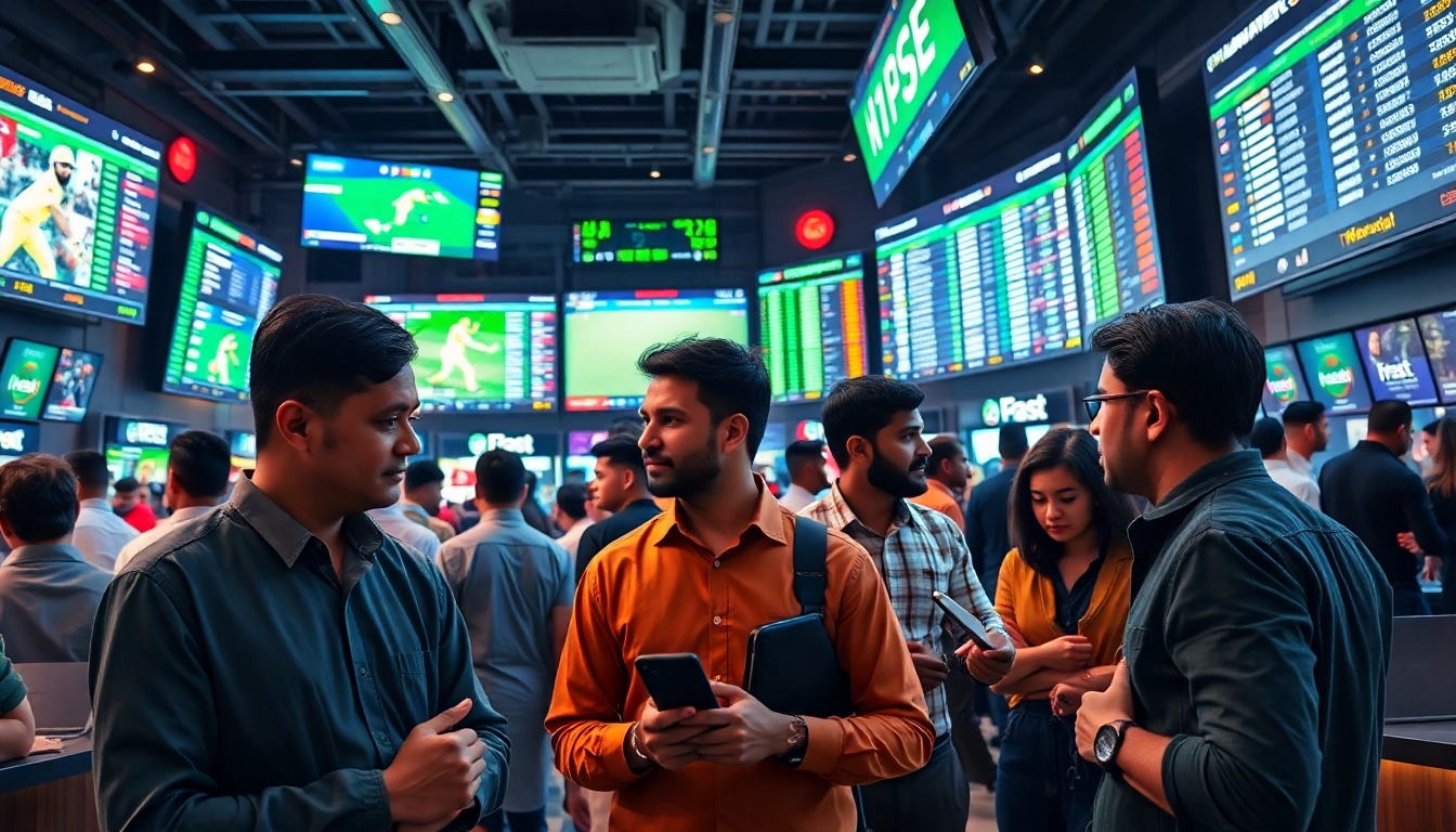 Engaging scene of bettors using the best online sportsbooks India with digital screens and lively atmosphere.