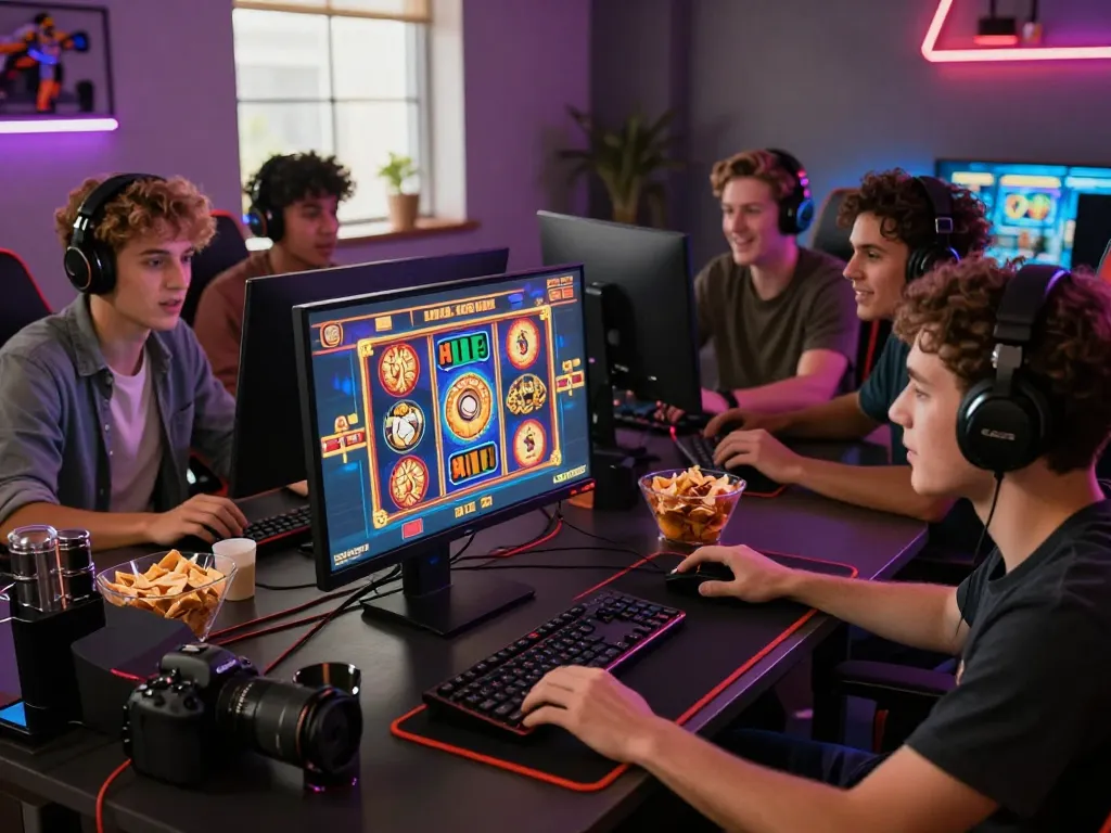 Friends enjoying link gacor slot games in a vibrant gaming room.
