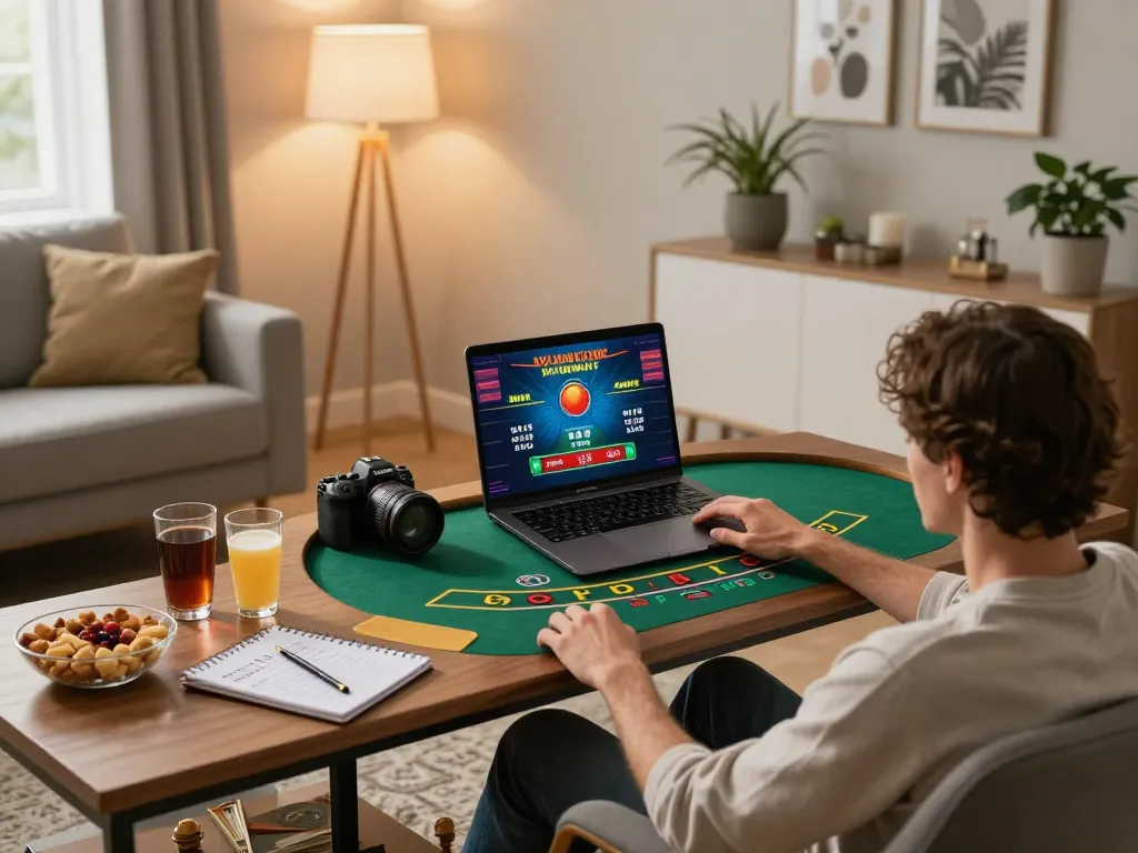 Player engaging in live dealer blackjack at home using NHÀ CÁI CM88, surrounded by snacks and strategies.