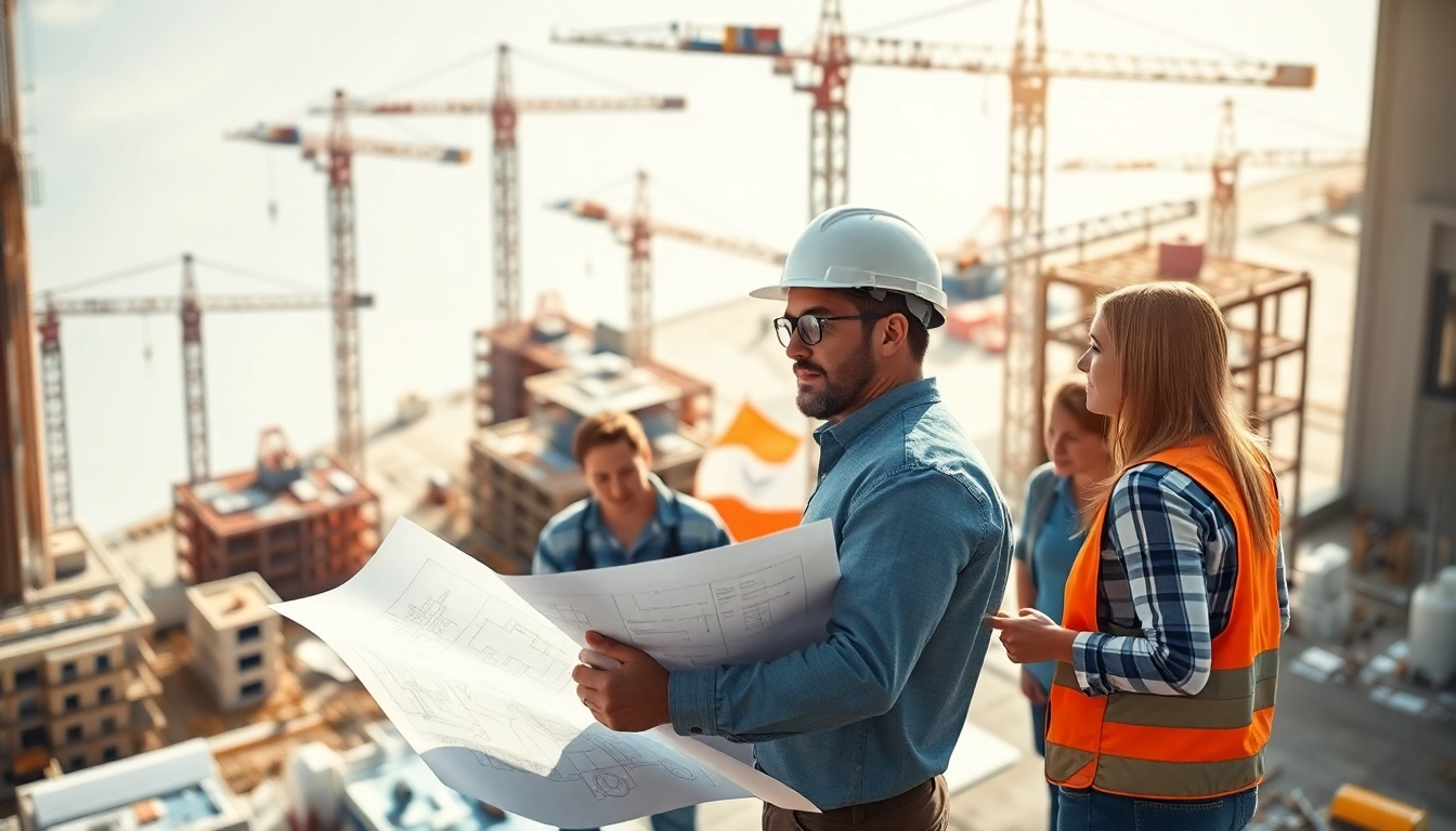 Building developer collaborating on construction project with team at a busy work site.