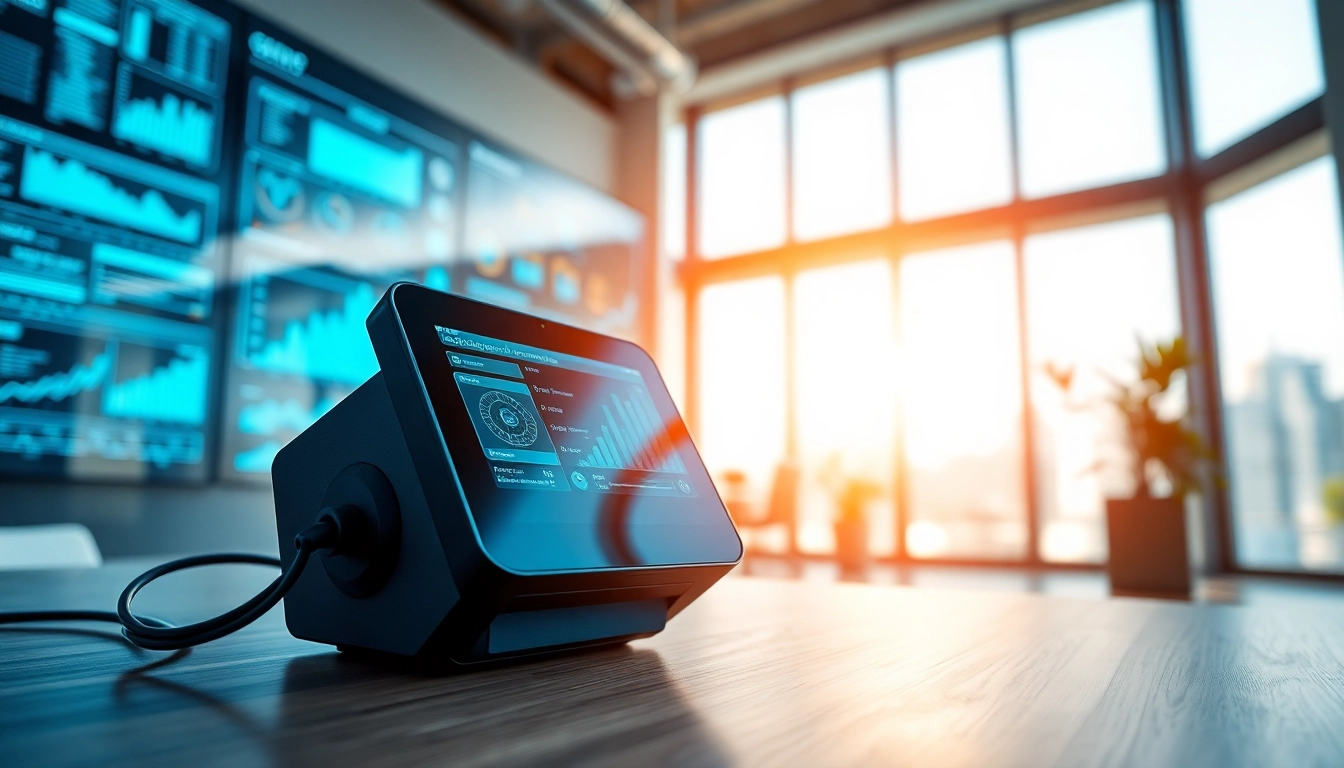 Capture the essence of Technology with a sleek device and digital graphics in a bright office setting.