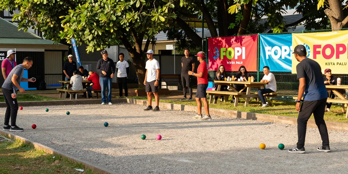 FOPI KOTA PALU dalam turnamen petanque di bawah sinar matahari, menunjukkan semangat komunitas olahraga.