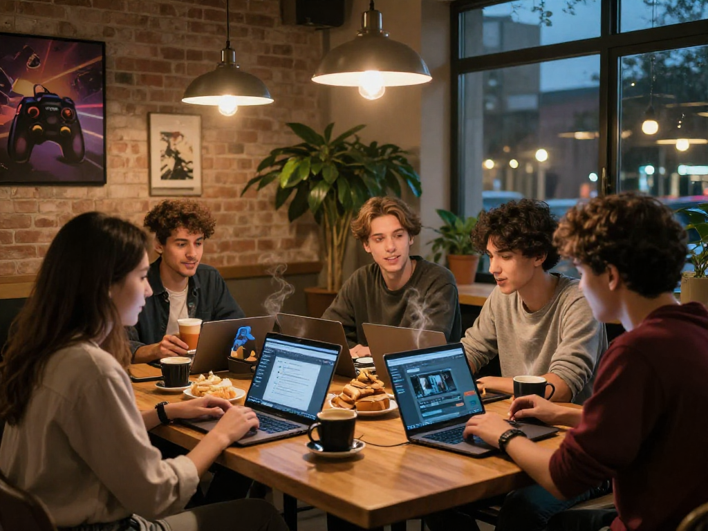 Friends discussing rokok88 login at cozy café, laptops and coffee present.