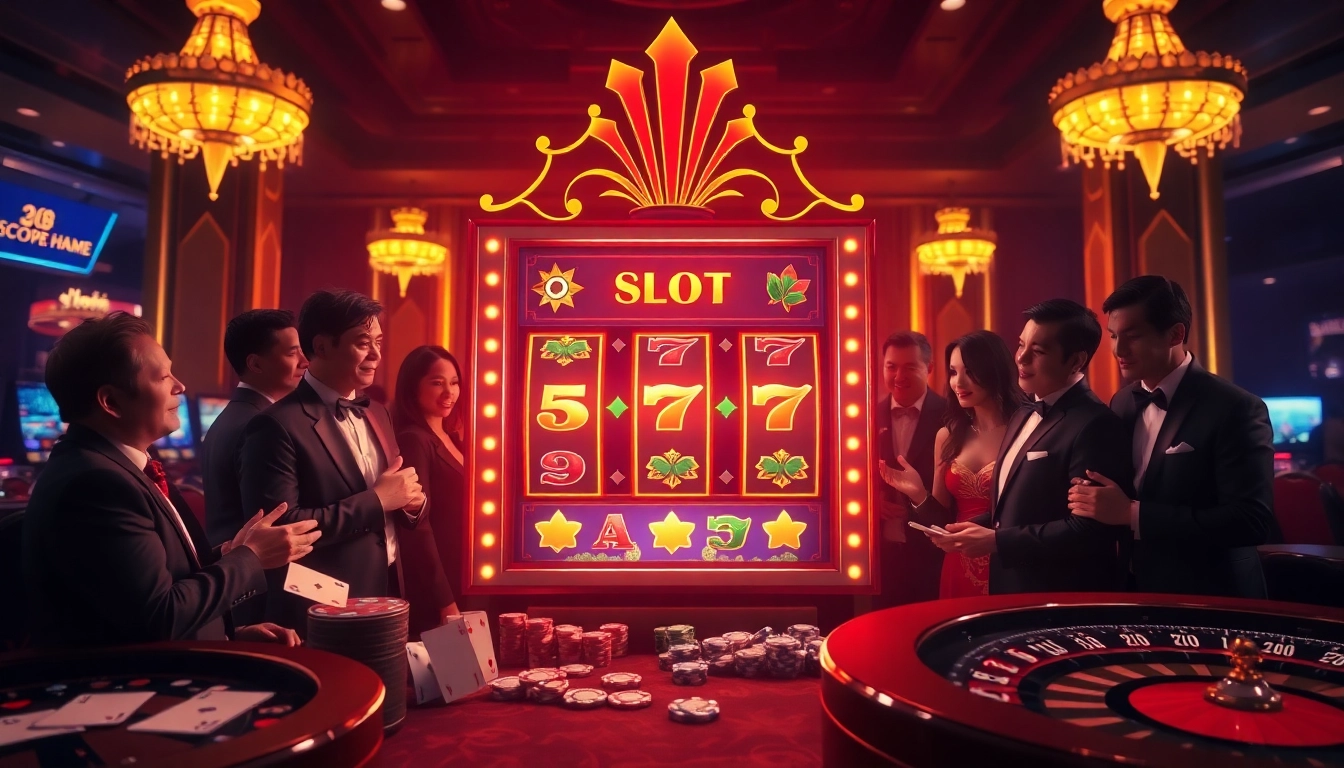 Experience the thrill of slot scatter hitam as players engage with vibrant slot machines in a luxurious casino setting.