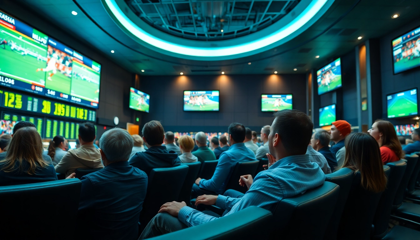 Engaged bettors enjoying sportsbooks in South Carolina with high-stakes games on large screens.