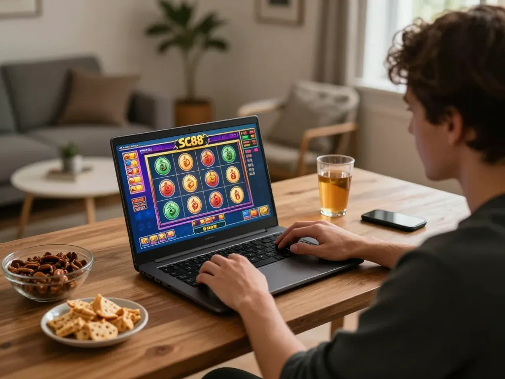 Player enjoying SC88 online casino gaming at home in a cozy setting with snacks and vibrant game screen.