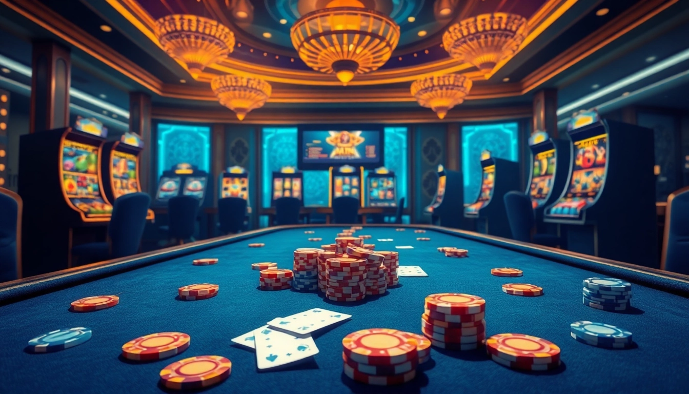 Scène engageante de casino en ligne France mettant en avant un environnement de jeu luxueux avec des jetons de poker et des machines à sous.