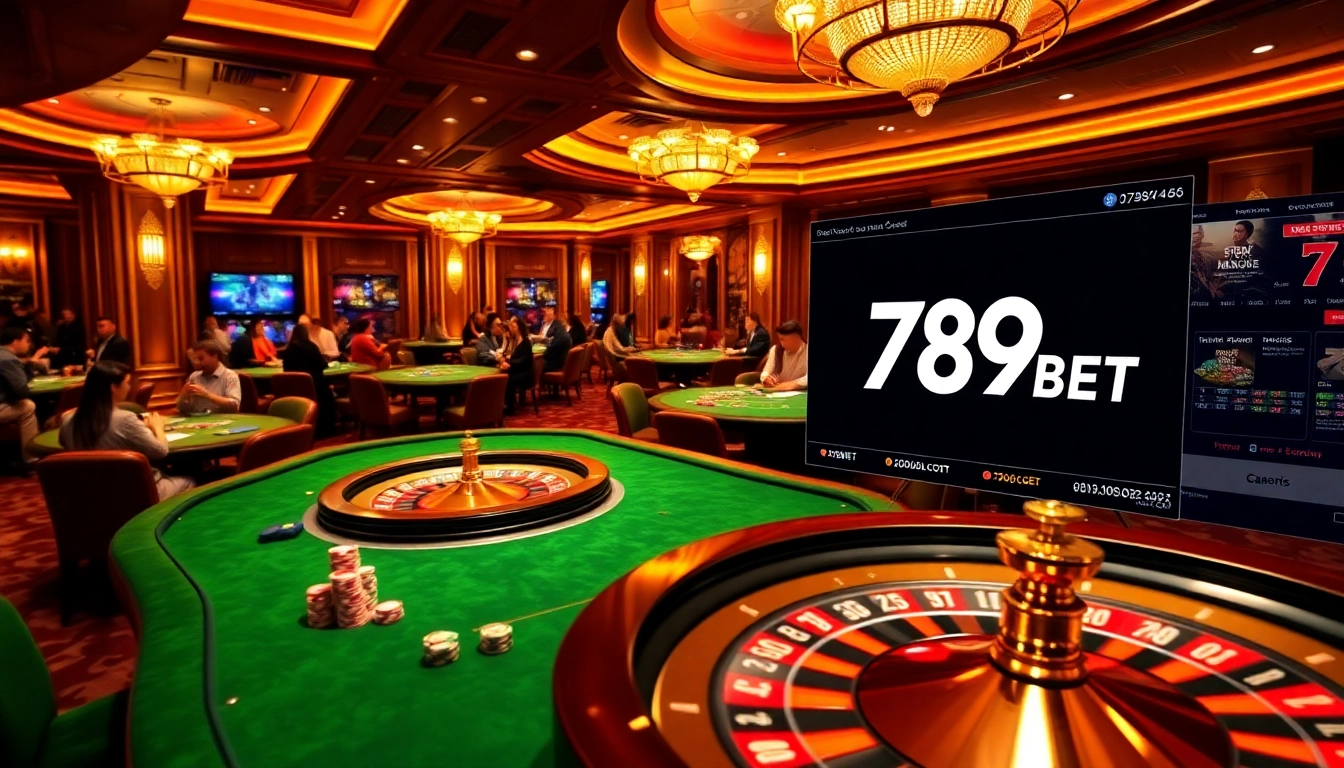 Experience the excitement of 789BET at a glamorous casino with poker tables and roulette.