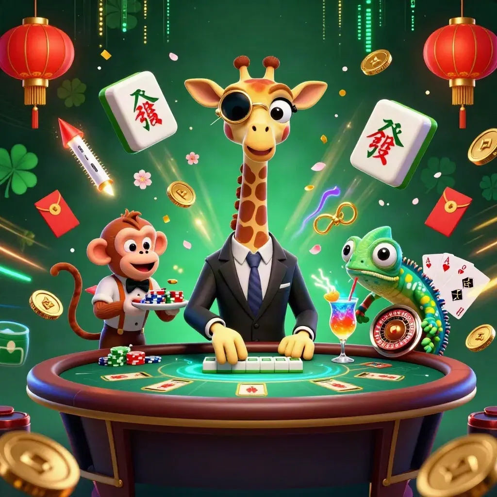 Suit-wearing giraffe, monkey valet, and chameleon bartender amid glowing casino treasure and neon sparks