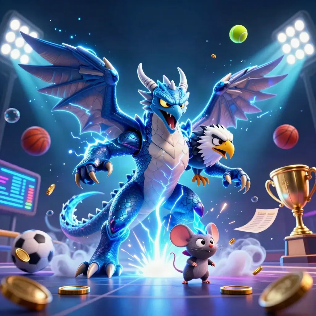 Thunder dragon, hawk and mouse amid flying balls, coins and floodlights on a dark neon backdrop.