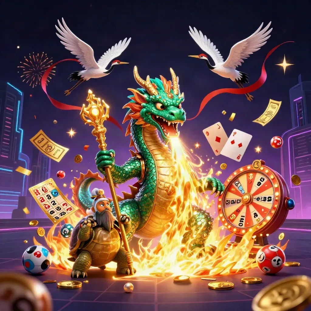 Emerald dragon, turtle sage, and cranes burst through neon casino light with floating game symbols.