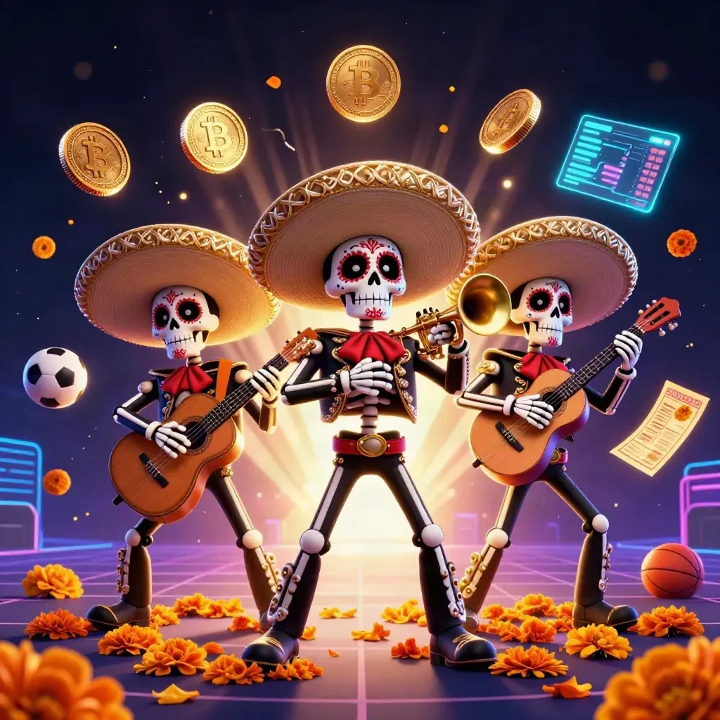 Skeleton mariachi trio amid crypto coins, sports balls, neon grid and dramatic casino lighting
