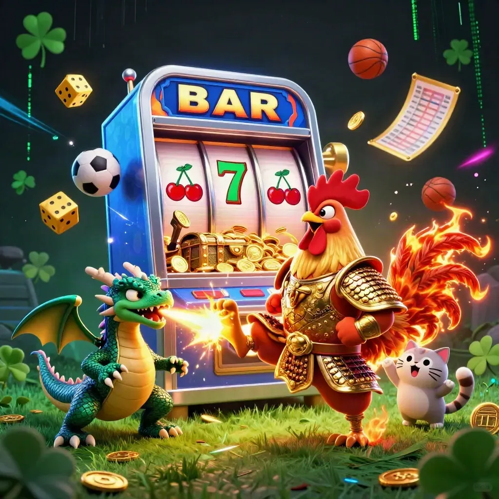 Rooster samurai, dragon hatchling, and lucky cat amid casino icons and neon sparks.