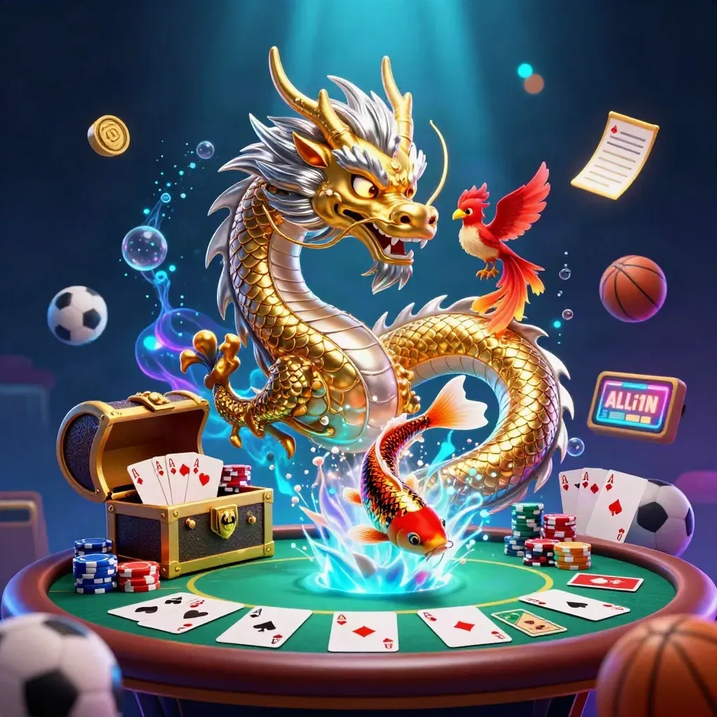 Golden dragon with phoenix and koi amid casino chips, cards, and blue magic.
