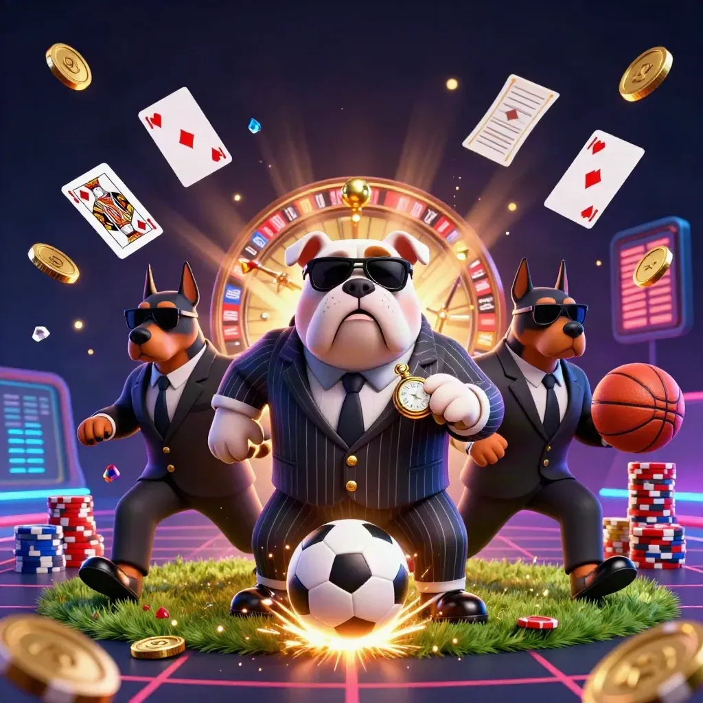 Bulldog boss and Dobermans burst amid casino coins, cards, chips, soccer ball, and glowing lights.