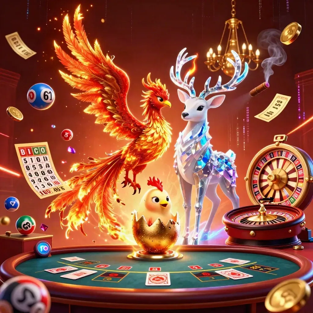 Fire phoenix, baby phoenix, and crystal stag in a luxe casino scene with glowing game elements.