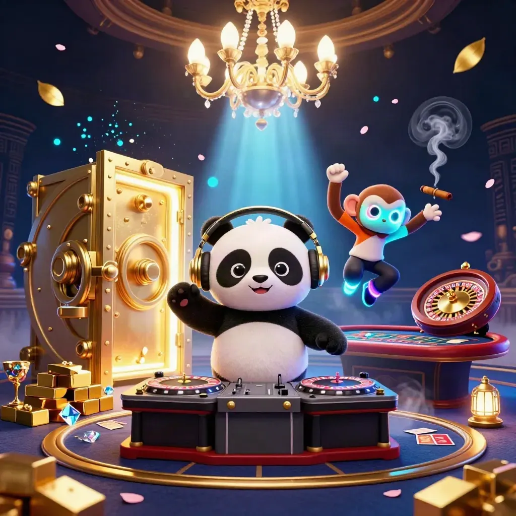 DJ panda, breakdancing monkey, and glow-stick kitten in a luxe casino vault scene