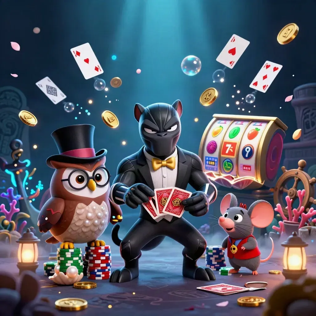 Panther, owl, and mouse explode through an underwater treasure cove with coins, coral, and glowing blue magic.