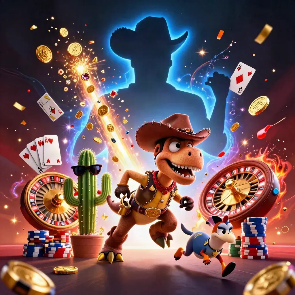 Cowboy T-Rex, cactus sidekick, and sheriff roadrunner burst through coins and gems in casino glow