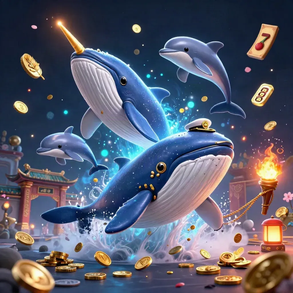 Whale captain, narwhal, and dolphins burst through coins in an electric-blue casino key art scene.
