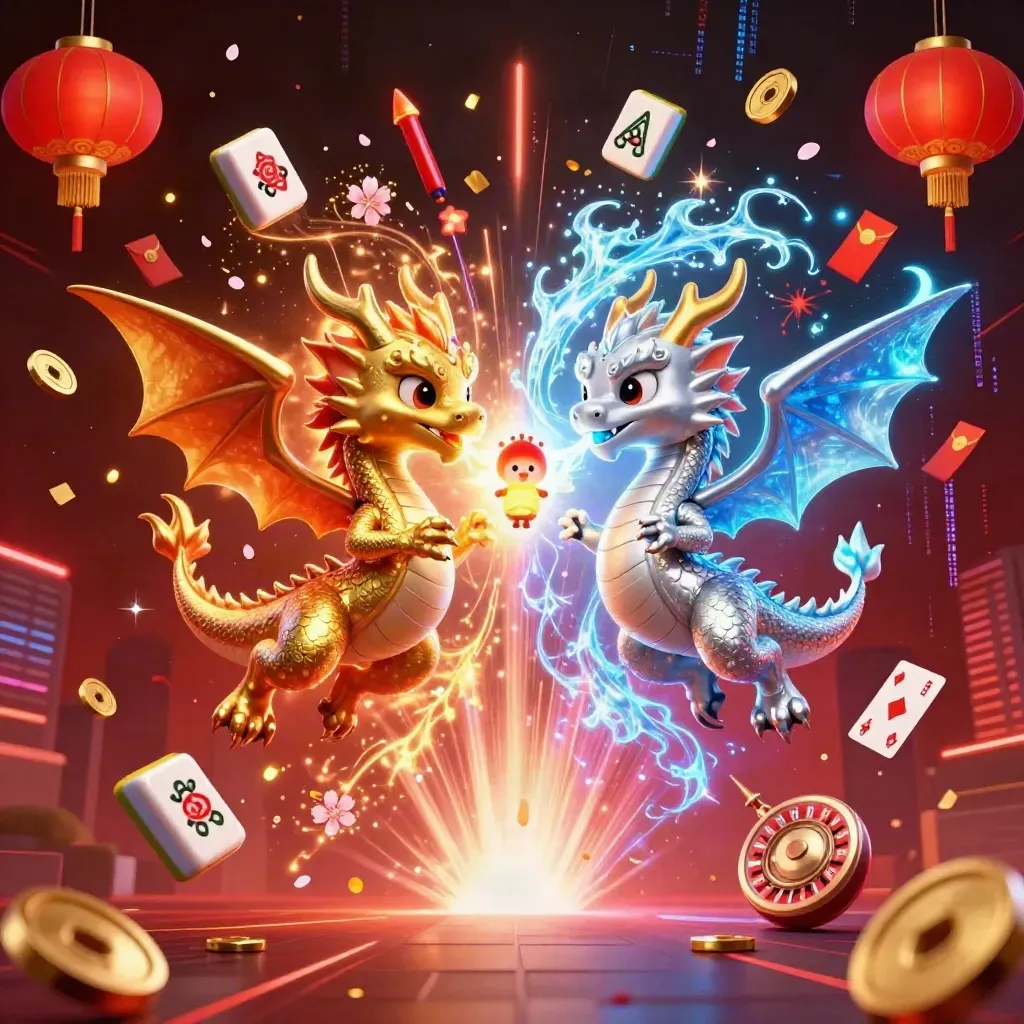 Twin dragons burst through fireworks with coins, lanterns, and a tiny spirit on a dark casino backdrop.