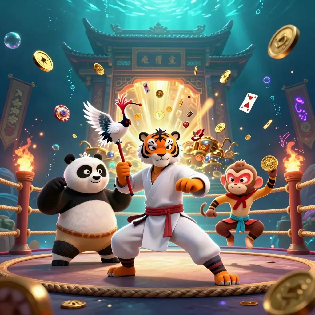 Kung-fu tiger, panda, and monkey amid exploding treasure, coins, and neon casino effects
