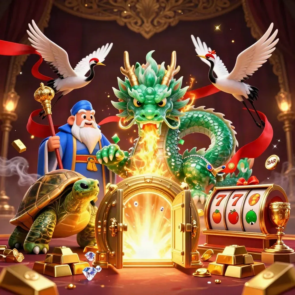 Emerald dragon with turtle sage and cranes amid vault gold, reels, and casino glow