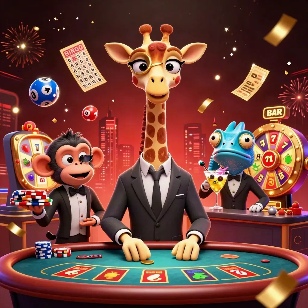 Giraffe gambler, monkey valet, and chameleon bartender amid casino bursts and neon energy.