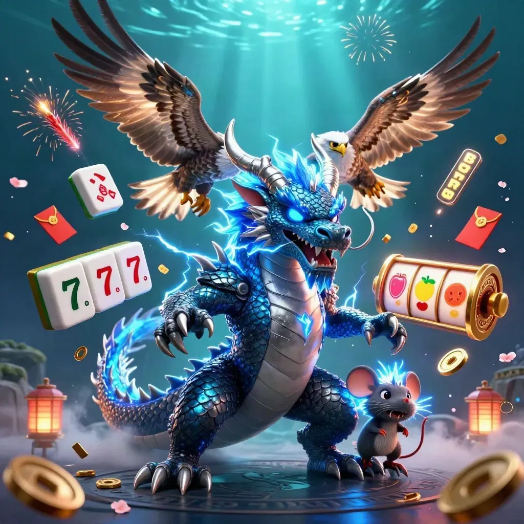 Thunder dragon, wind hawk, and static mouse amid casino symbols in electric blue light.