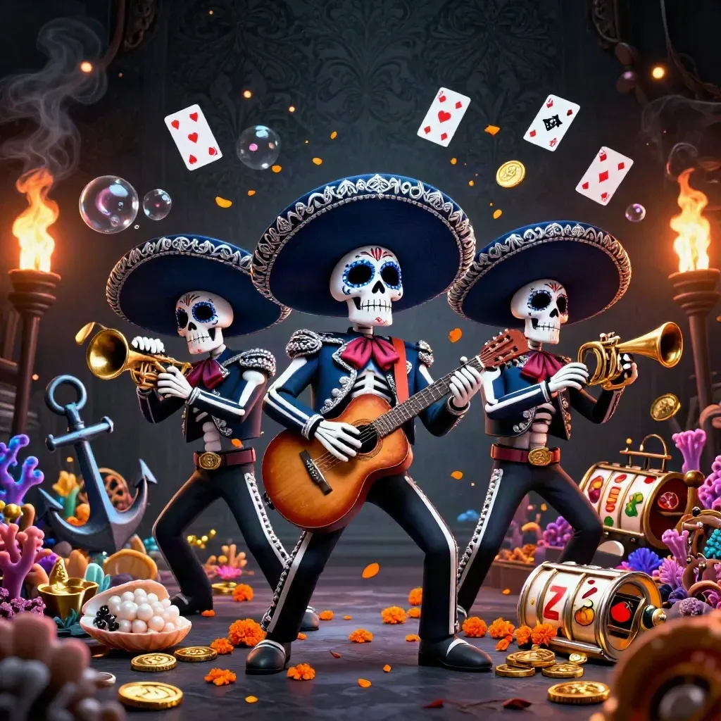 Three Day-of-the-Dead skeleton mariachi musicians amid coins, coral, cards, and casino reels