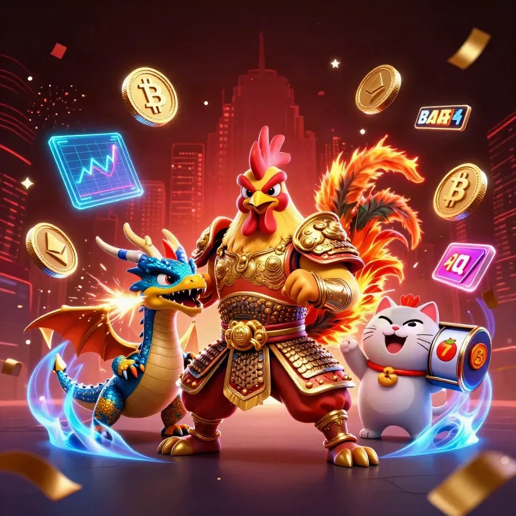 Rooster warrior, dragon hatchling, and fortune-cat amid casino coins and neon effects.