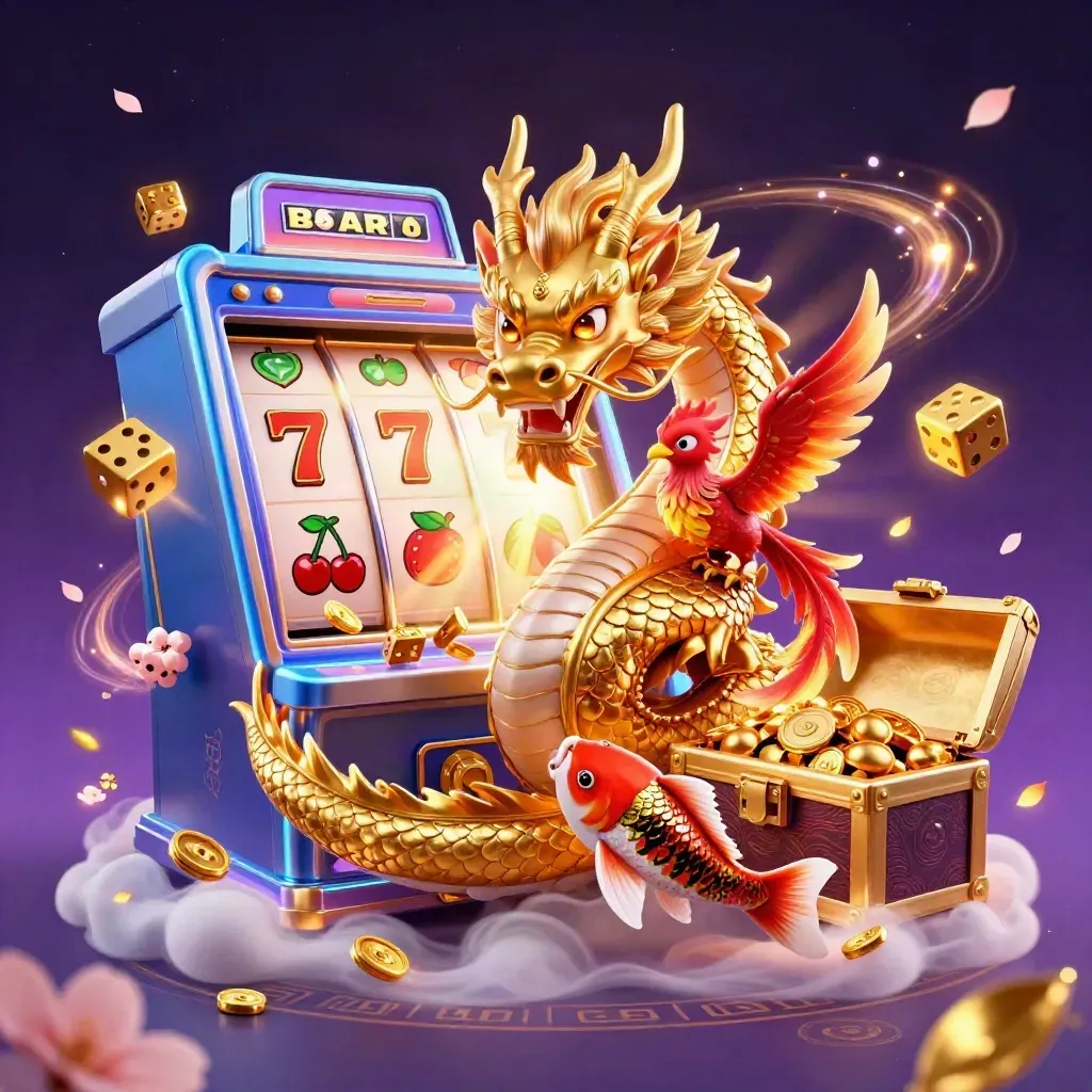 Golden dragon, red phoenix, koi and casino symbols bursting from a treasure chest in electric-blue light