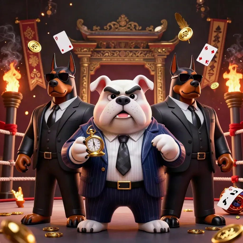 Bulldog boss and two Dobermans amid casino gold, temple gate, coins, embers, and neon light.