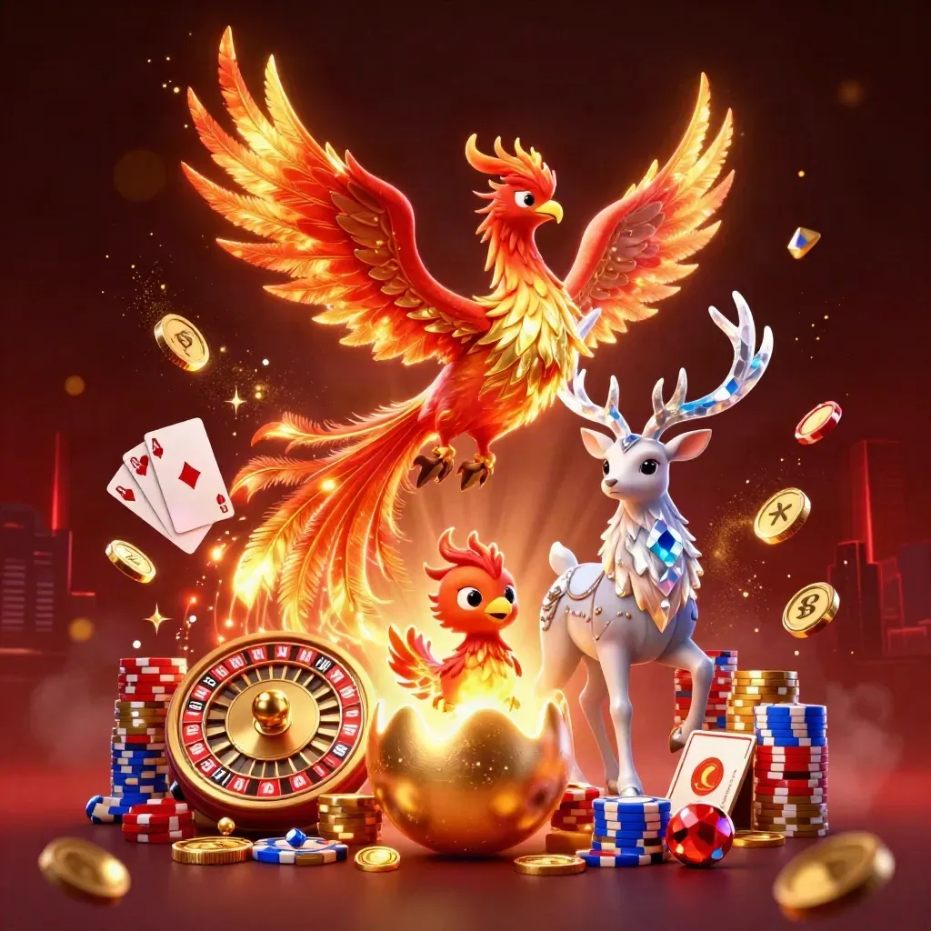 Phoenix trio amid casino coins, roulette, cards, chips, and neon streaks on dark red black.