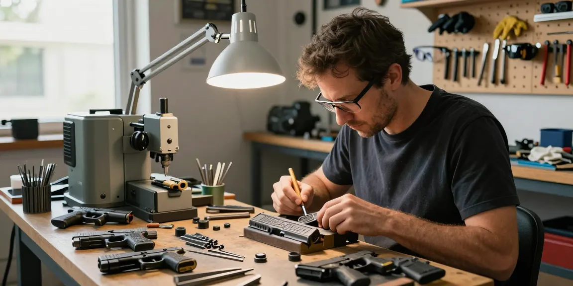Glock slide modifications and craftsmanship at https://precisionglockslides.com workshop with professional tools and Glock models.