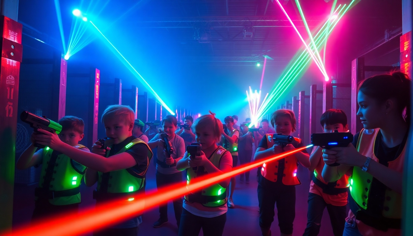 Players engaged in an exciting game of Laser tag in a neon-lit arena.