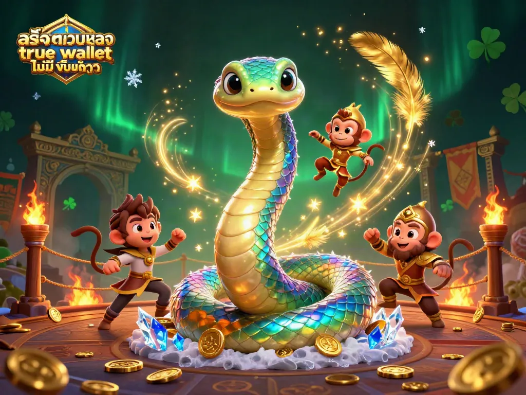 ภาพการ์ตูน 3 มิติของ สล็อตเว็บตรง ฝากถอน true wallet ไม่มี ขั้นต่ํา ที่มีเทพเจ้ามังกรสีรุ้งและลิงทองคำ