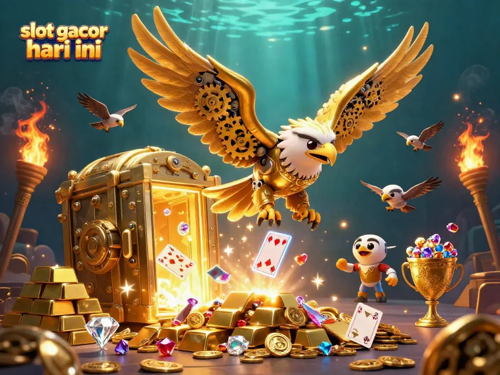 Visualisasi slot gacor hari ini dengan elang emas cybernetic dan kartu holografik penuh hadiah.