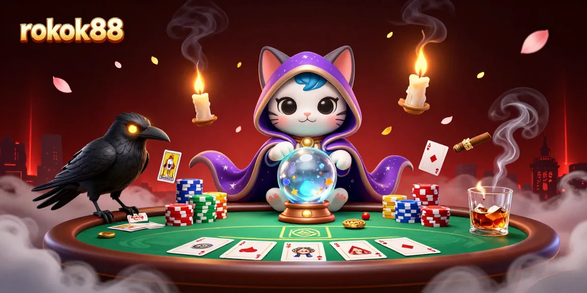 Engage in thrilling gameplay with rokok88 at a vibrant poker table surrounded by mystical characters and rich casino elements.